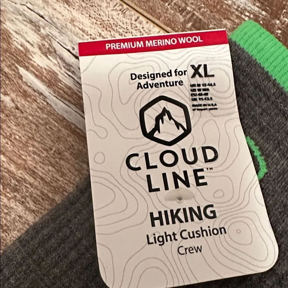Cloud Line Hiking Light Cushion Socks Men Size XL NWT Premium Merino Wool